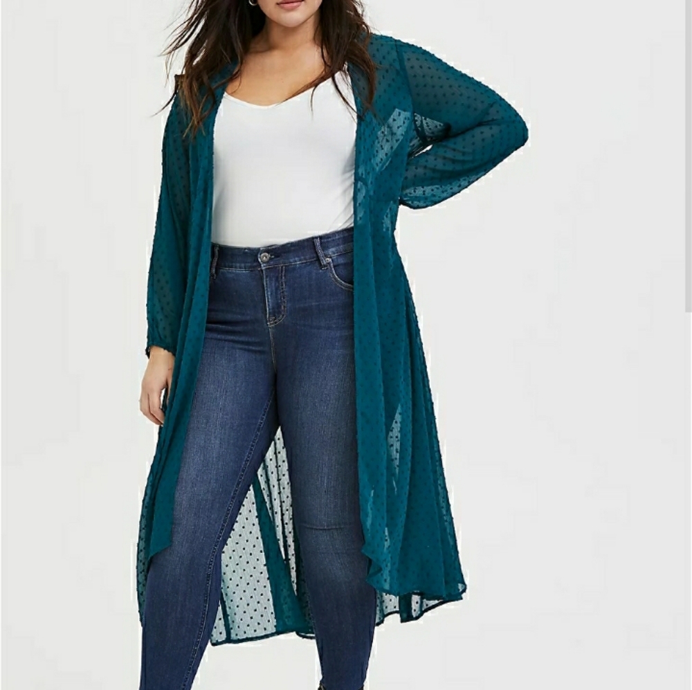 Lounge WEAR- BEACH COVERUP -GIRLS NIGHT Torrid Teal Swiss Dot Kimono Size 5X